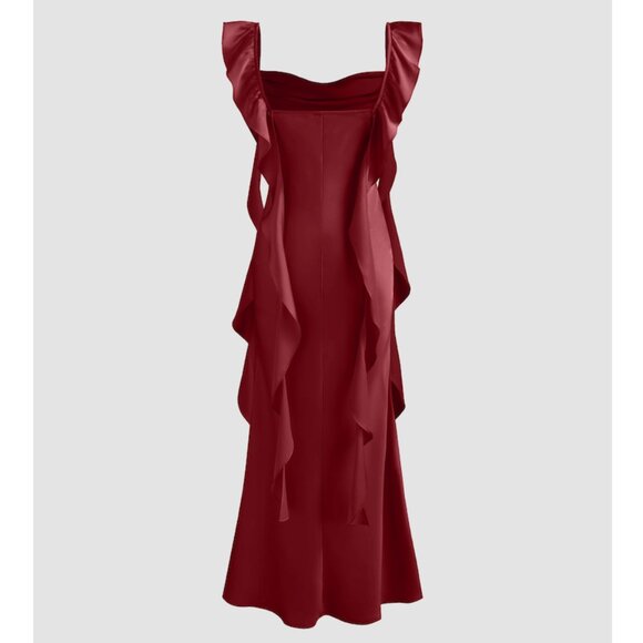 Cider Satin Cowl Neck Solid Ruffle Hem Maxi Dress - Picture 2 of 4